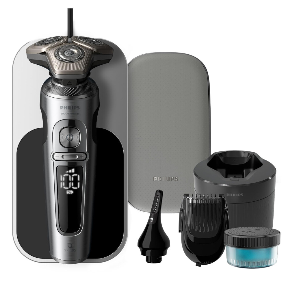 Philips Shaver Series 9000 Prestige, Wet and Dry Electric Shaver, Bright Chrome, Lift & Cut Shaving System, SkinIQ Technology, Beard Styler