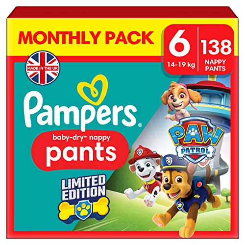 Pampers Pampers Baby-Dry Nappy Pants Paw Patrol Edition Size 6, 138 Nappies, 14kg-19kg, Monthly Pack, With A Stop & Protect Pocket