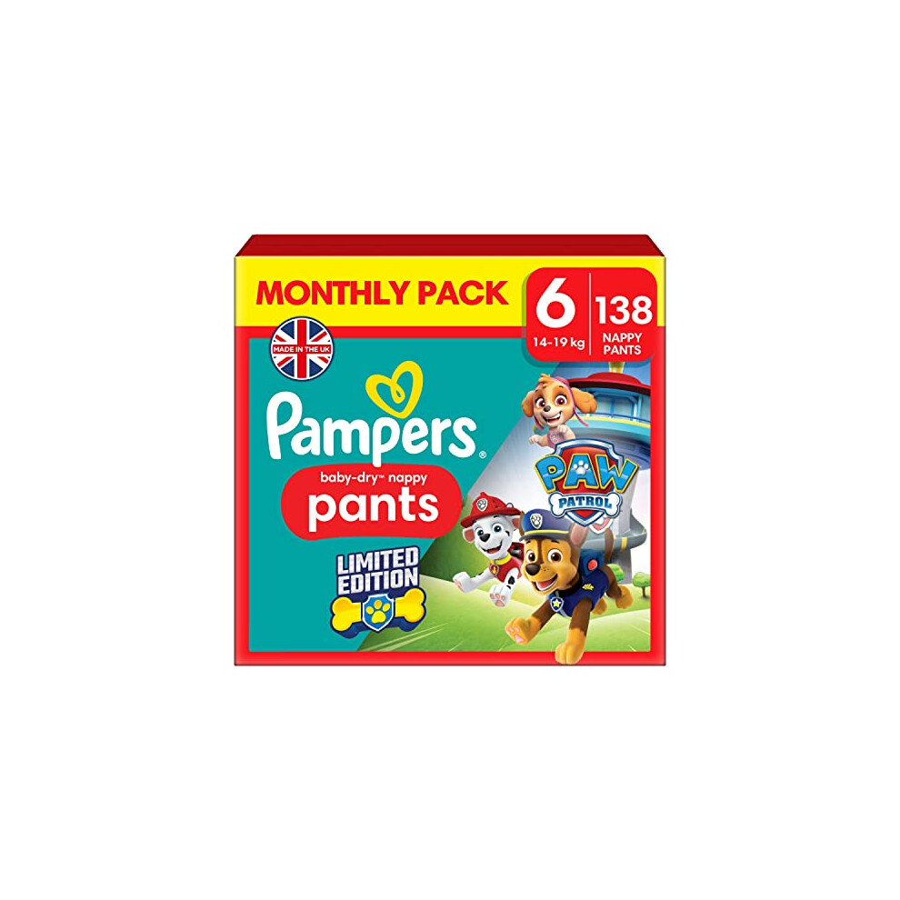 Pampers Baby-Dry Nappy Pants Paw Patrol Edition Size 6, 138 Nappies, 14kg-19kg, Monthly Pack, With A Stop & Protect Pocket