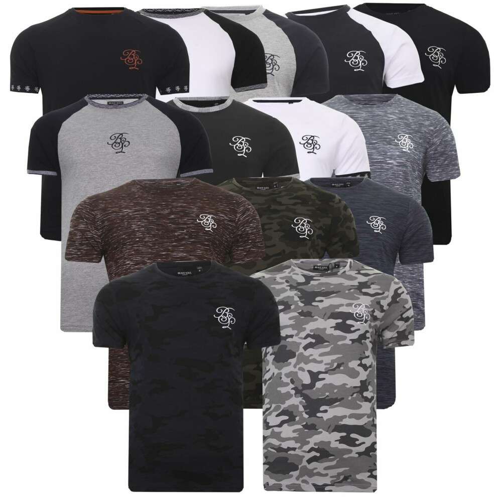 (Grey, Camo - Scrawl, S) Mens Brave Soul Short Sleeve T-Shirts Camo Casual Tee Cotton Gym MuscleTops