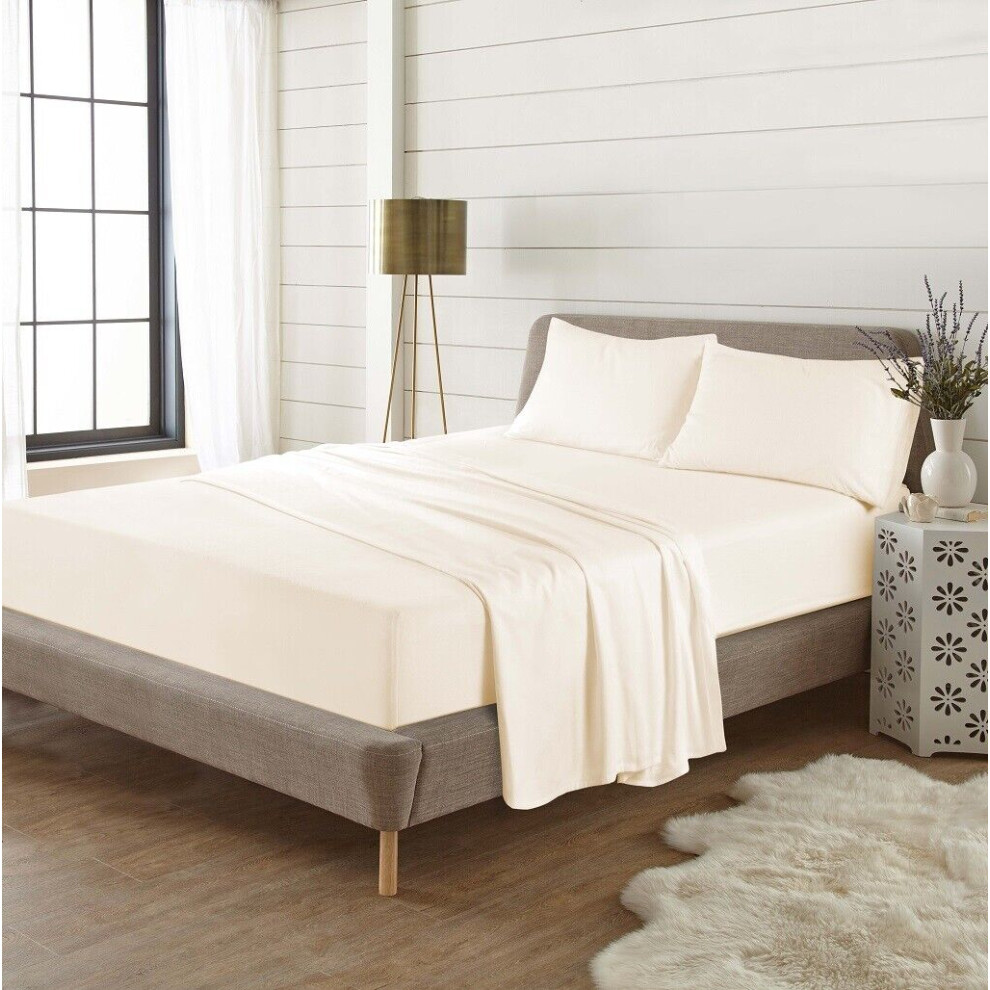 (King, Cream) Thermal Flannelette Brushed Cotton Flat Bed Sheets