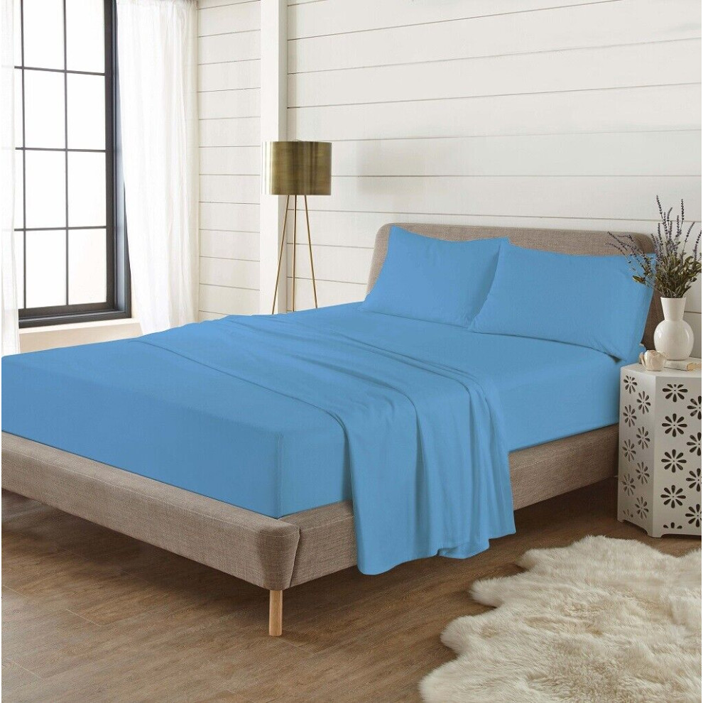 (King, Blue) Thermal Flannelette Brushed Cotton Flat Bed Sheets