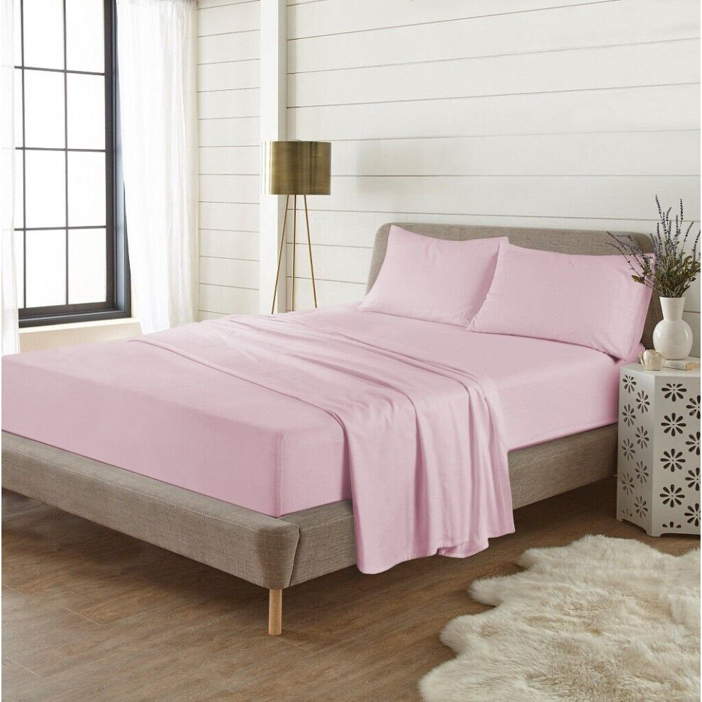 (Super King, Pink) Thermal Flannelette Brushed Cotton Flat Bed Sheets