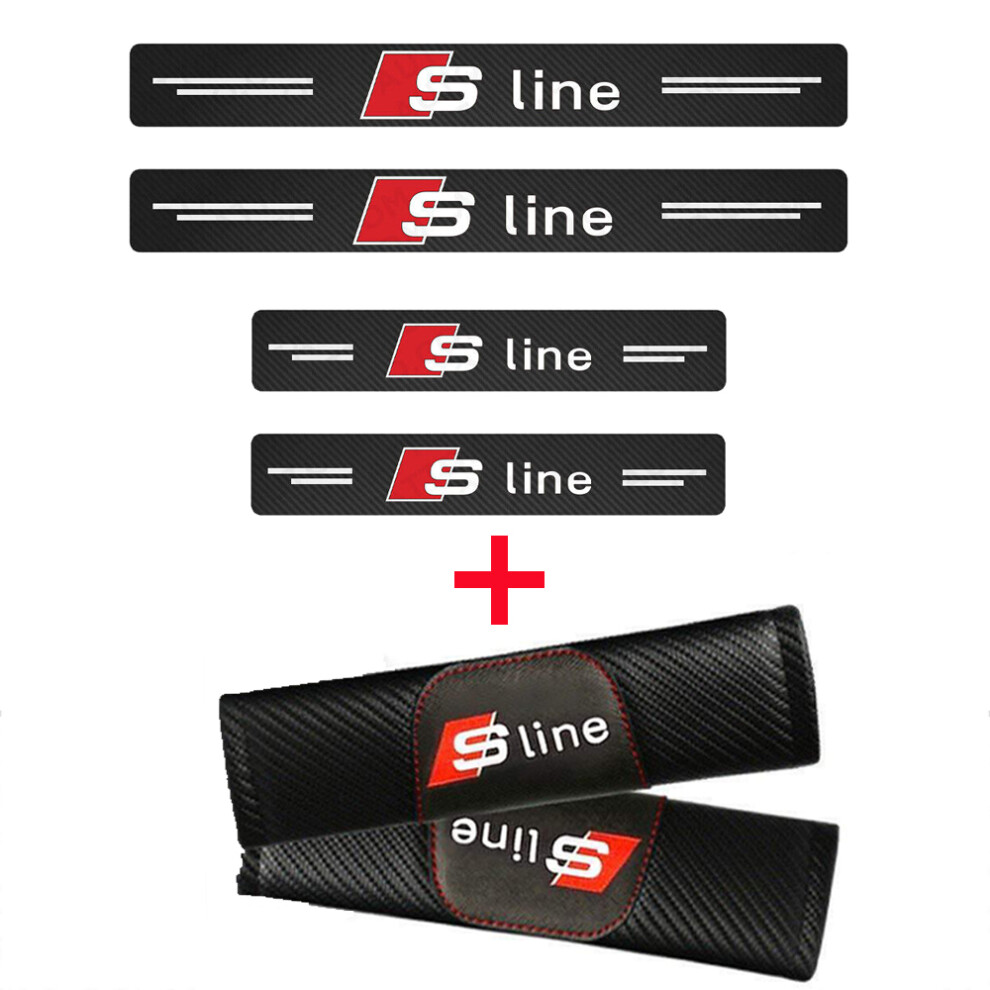 4Pcs Audi Sline Car Door Sill Protect + 2Pcs Seat Belt Shoulder Pad 9101665881568