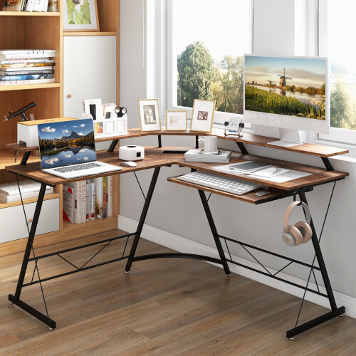 Costway Industrial L-shaped Corner Desk Computer Workstation W/ Power Outlet 2