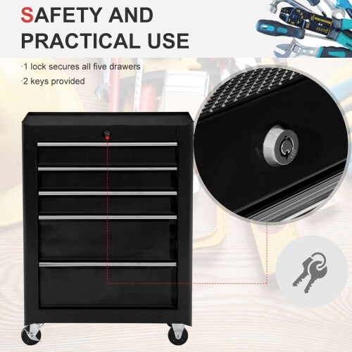 Homcom HOMCOM 5-Drawer Lockable Steel Tool Storage Cabinet Wheels Handle 2 Keys Black 2