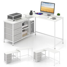 Convertible L-Shaped Computer Desk W/ Drawers Shelves Charging Station