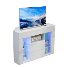 Dripex Corner TV Stand 100cm White - Fits 32-50in TVs, RGB LED Lights, Easy Assembly, Glass & Hinged Storage