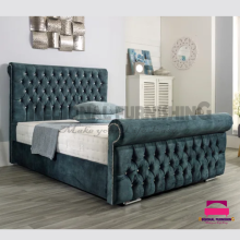 (King Without Gaslift Storage, Silver Plush) CHESTERFIELD VELVET SLEIGH BED FRAME WITH MATTRESS