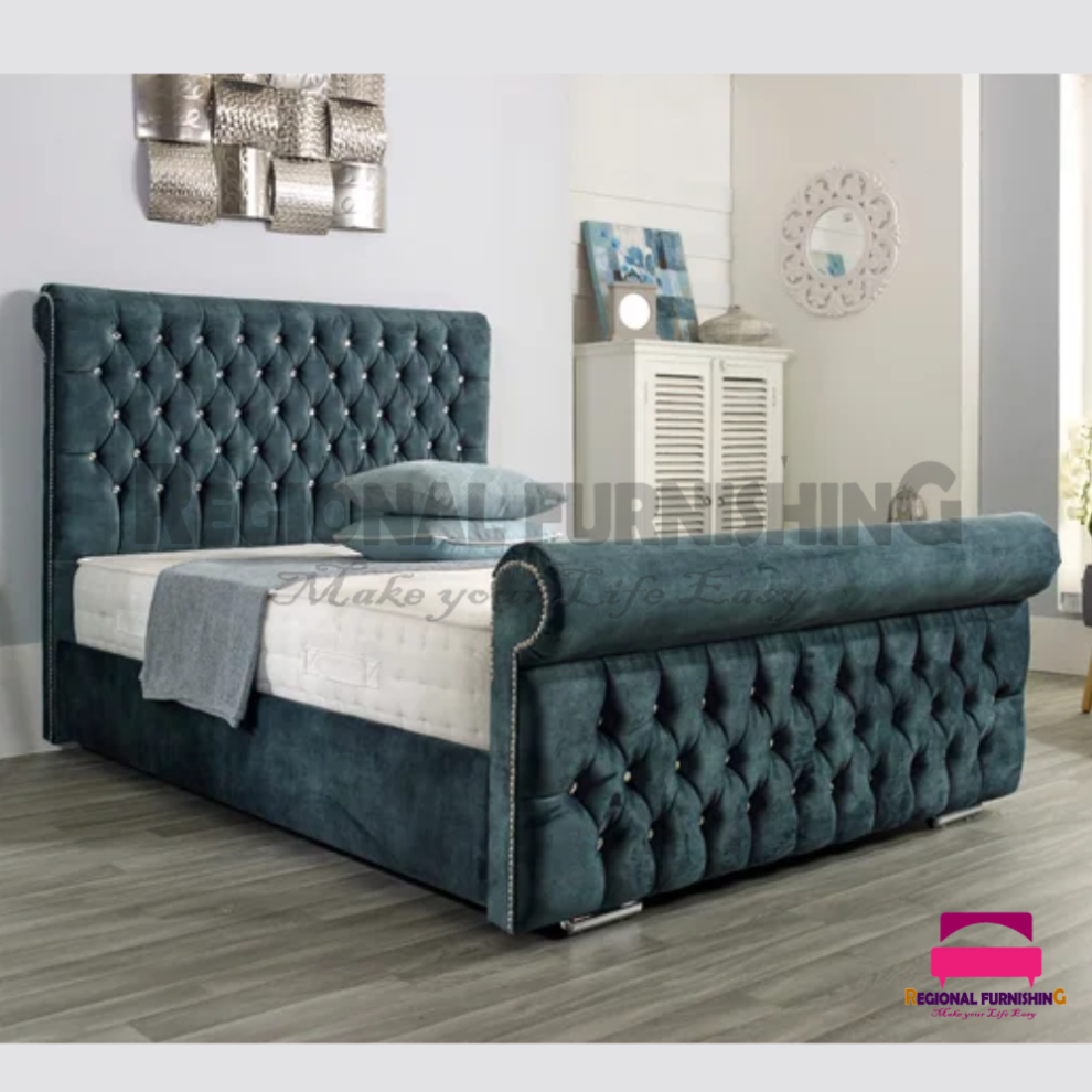 (SuperKing With Gaslift Storage, Emerland Coniston(Same as photo)) CHESTERFIELD VELVET SLEIGH BED FRAME WITH MATTRESS