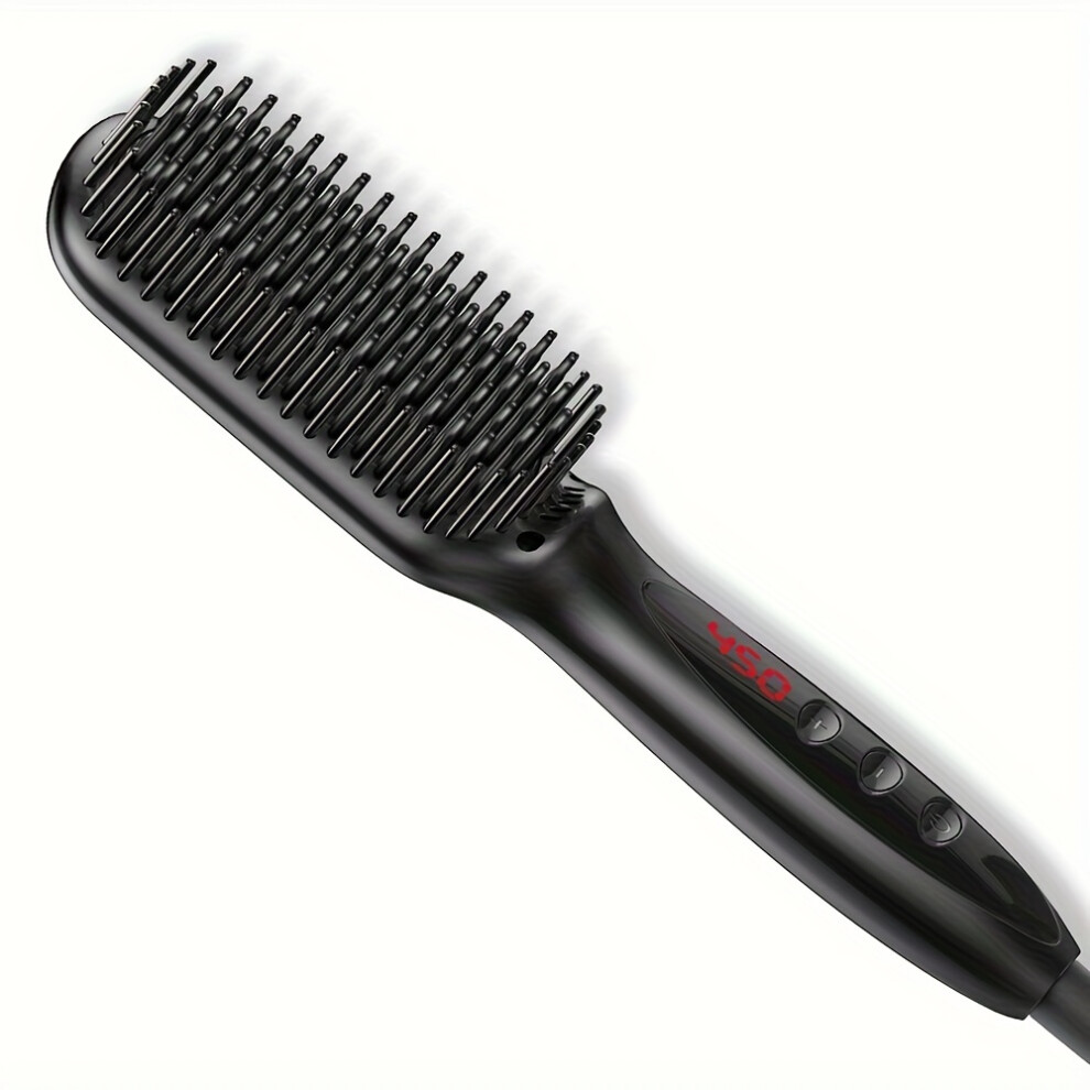 (Black) Ceramic Hair Straightener Brush 2-in-1 Ionic Straightening Brush Anti-Scald Hot Brush