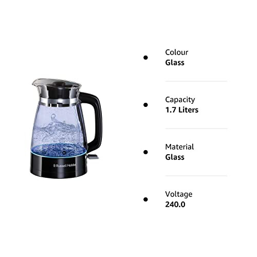 Russell Hobbs Russell Hobbs Carafe Style 1.7L Cordless Electric Glass Kettle with black handle, lid & base and blue internal illumination (Fast boil, 3KW 2