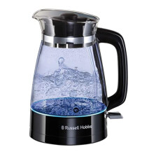 Russell Hobbs Carafe Style 1.7L Cordless Electric Glass Kettle with black handle, lid & base and blue internal illumination (Fast boil, 3KW
