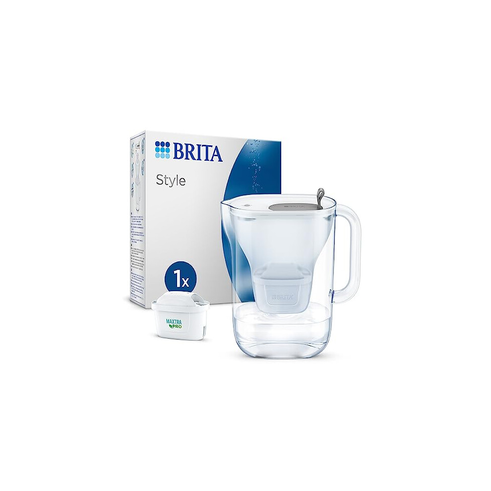 BRITA Style Water Filter Jug Grey (2.4 Litre) with 1x MAXTRA PRO All-in-1 cartridge - fridge-fitting design jug with smart LED-LTI and Flip-Lid