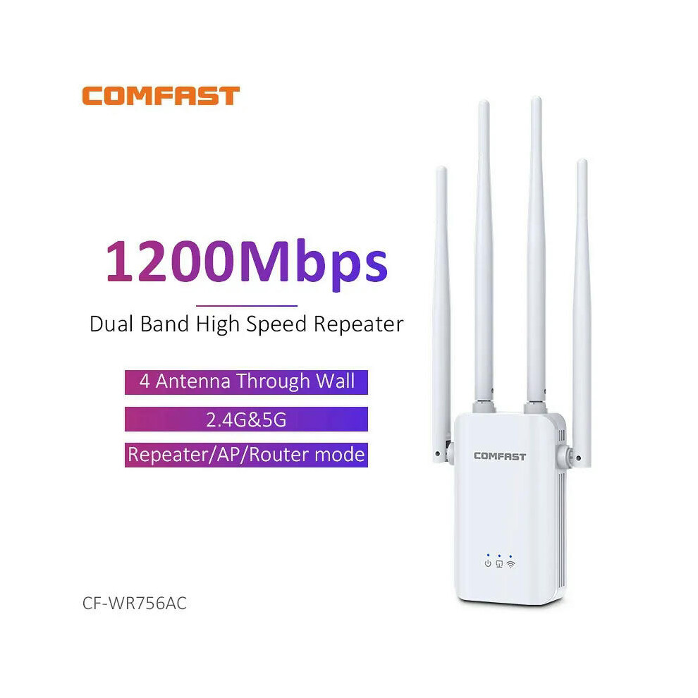 (UK Convert Adapter) CF-WR756AC 1200Mbps WiFi Repeater 2.4G&5G Gigabit Wireless Extender with 4 External Antennas Home WiFi Range Amplifier Router/AP