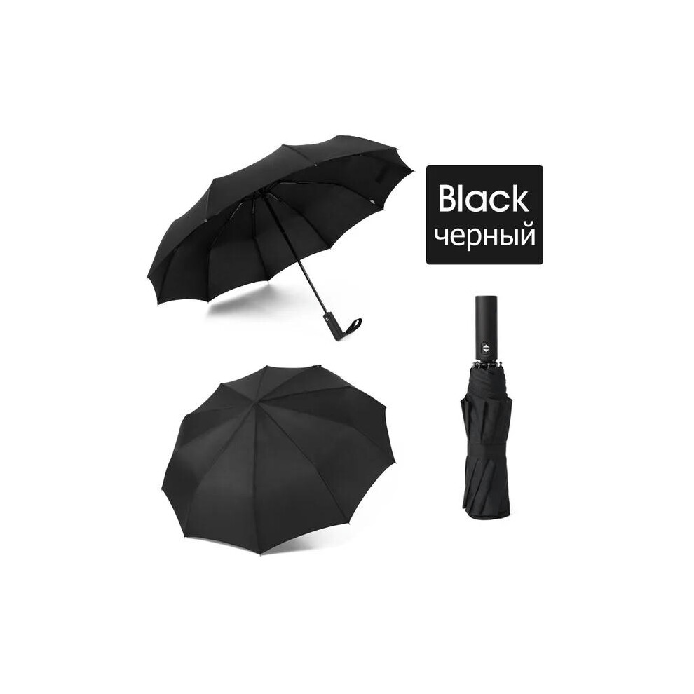 (Black) Upgrade 12Ribs Automatic Umbrella Rain Women Windproof 3Fold Portable Long Handle Business Umbrella Men Outdoor Travel Umbrella