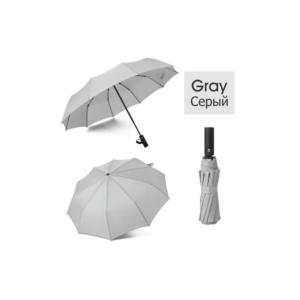 (Gray) Upgrade 12Ribs Automatic Umbrella Rain Women Windproof 3Fold Portable Long Handle Business Umbrella Men Outdoor Travel Umbrella