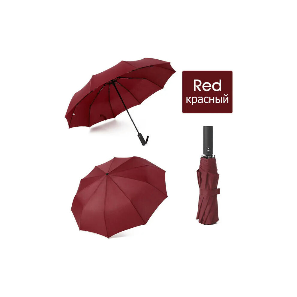 (Red) Upgrade 12Ribs Automatic Umbrella Rain Women Windproof 3Fold Portable Long Handle Business Umbrella Men Outdoor Travel Umbrella