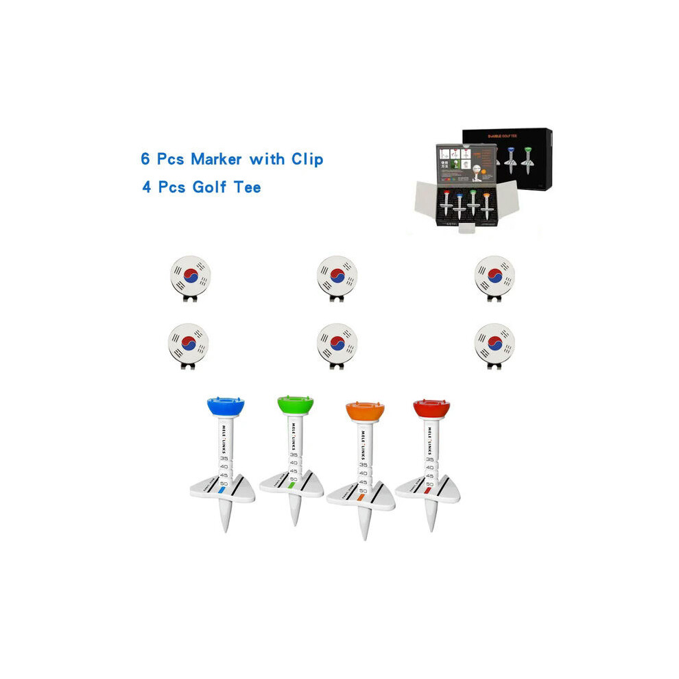 (4Pc Tee 6Pc Marker B) Golf Double Tee Step Down Golf Ball Holder 4 color Adjustable Height Golf Tees Plastic Golf Training Ball Stand Outdoor