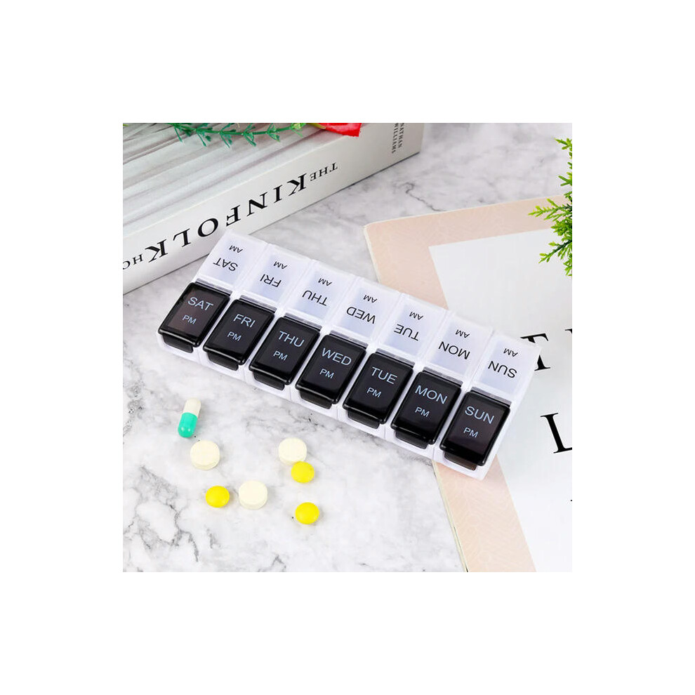 (black) 14 Cell Pill Organizer Box AM PM Weekly Plastic Pill Distribution Container Portable Travel Tablets Vitamins Medicinel Cases Box