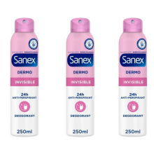 3 x 250ml Sanex Dermo Invisible Deodorant Spray 24h Anti-Perspirant Anti-Stain