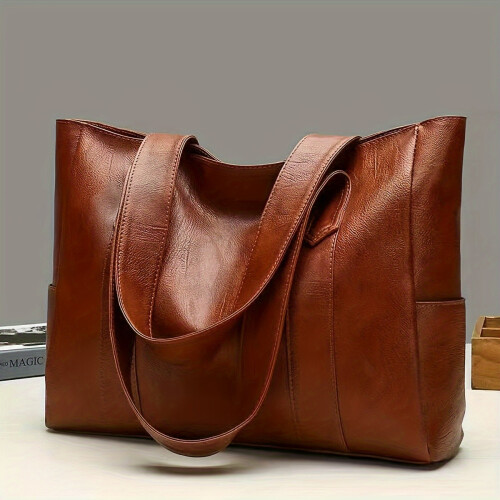 (Brown) Retro Vegan Tote Bag - Large Capacity Shoulder Bag