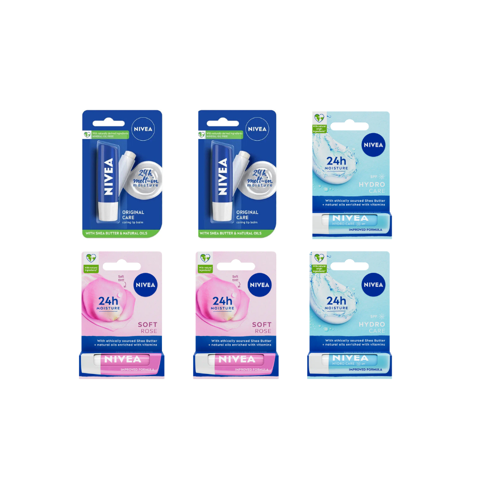 6 x 4.8g Nivea Original Care, Hydro Care, Soft Rose Moisturising Lip Balm