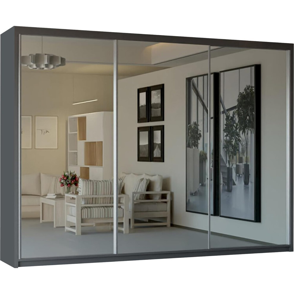 Mn Furniture (Grey) Modern 3 Mirror Sliding Door Wardrobe 250Cm Grey