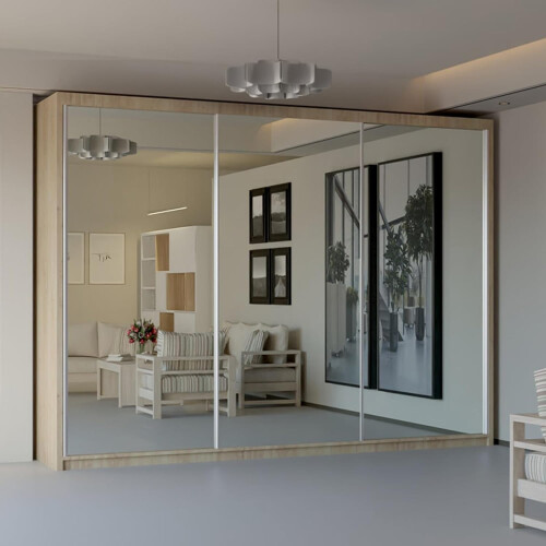 MN Furniture (Oak) Modern 3 Mirror Sliding Door Wardrobe 250cm 1