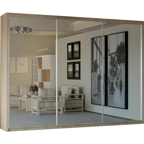 MN Furniture (Oak) Modern 3 Mirror Sliding Door Wardrobe 250cm