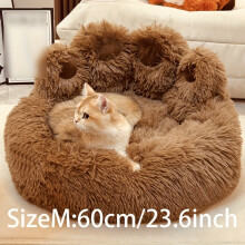 (Brown, M) Calming Donut Dog Bed - Soft Faux Fur Cat Bed - Machine Washable