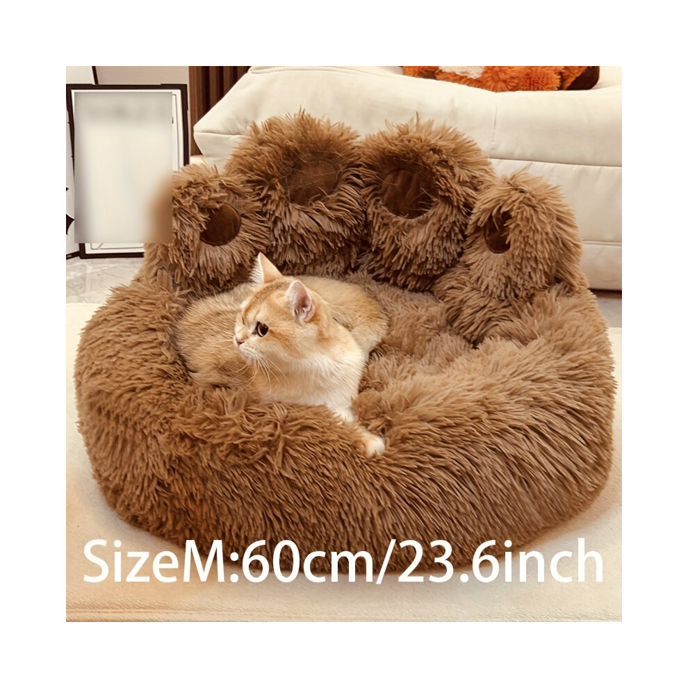 (Brown, M) Calming Donut Dog Bed - Soft Faux Fur Cat Bed - Machine Washable