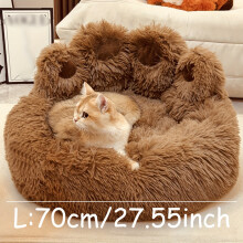 (Brown, L) Calming Donut Dog Bed - Soft Faux Fur Cat Bed - Machine Washable