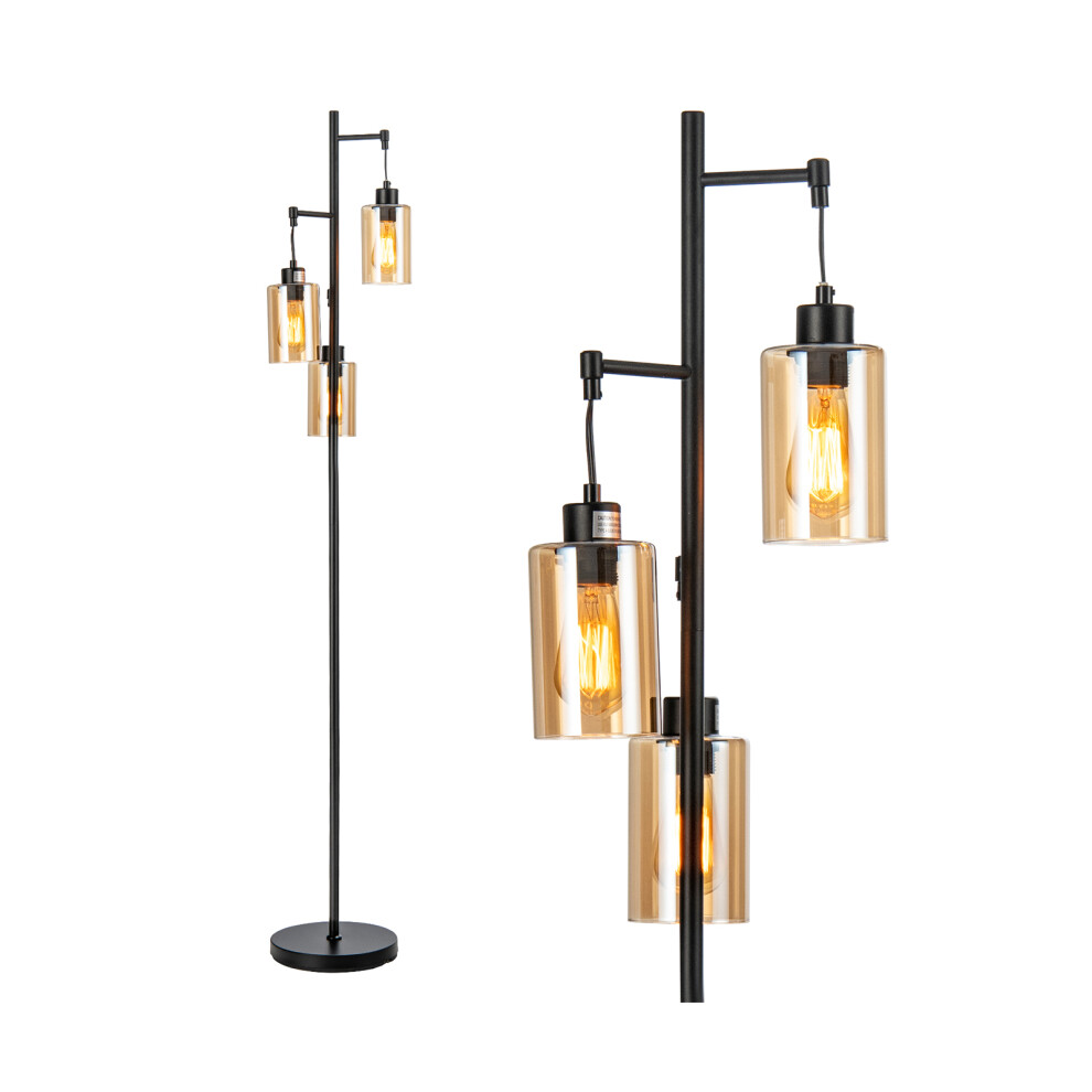 Floor Lamp Industrial 3-Head Amber Glass Shade W/ Foot Switch & Base