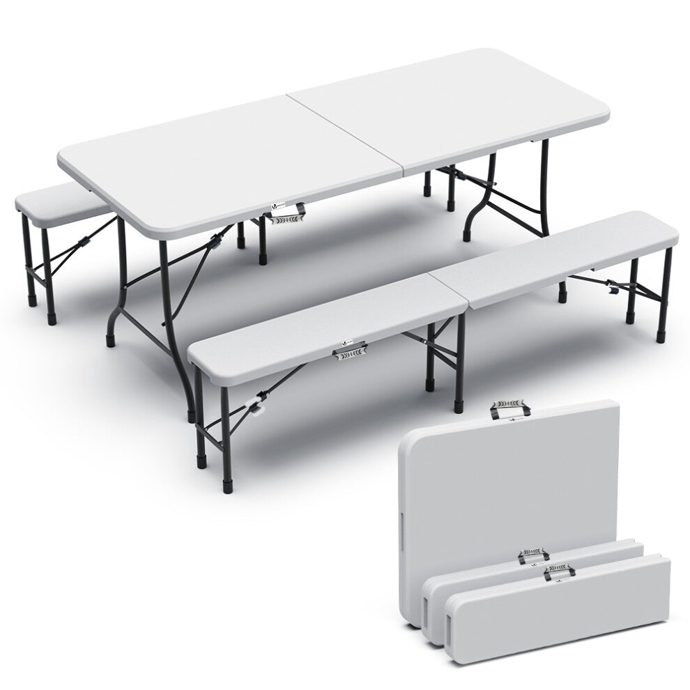 Vounot Folding Table Bench Set Trestle Portable Party Picnic Bbq Camping Set, White