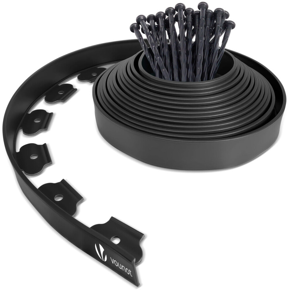 VOUNOT Plastic Garden Edging, Flexible Lawn Edging with 30 Pegs, Black 10m