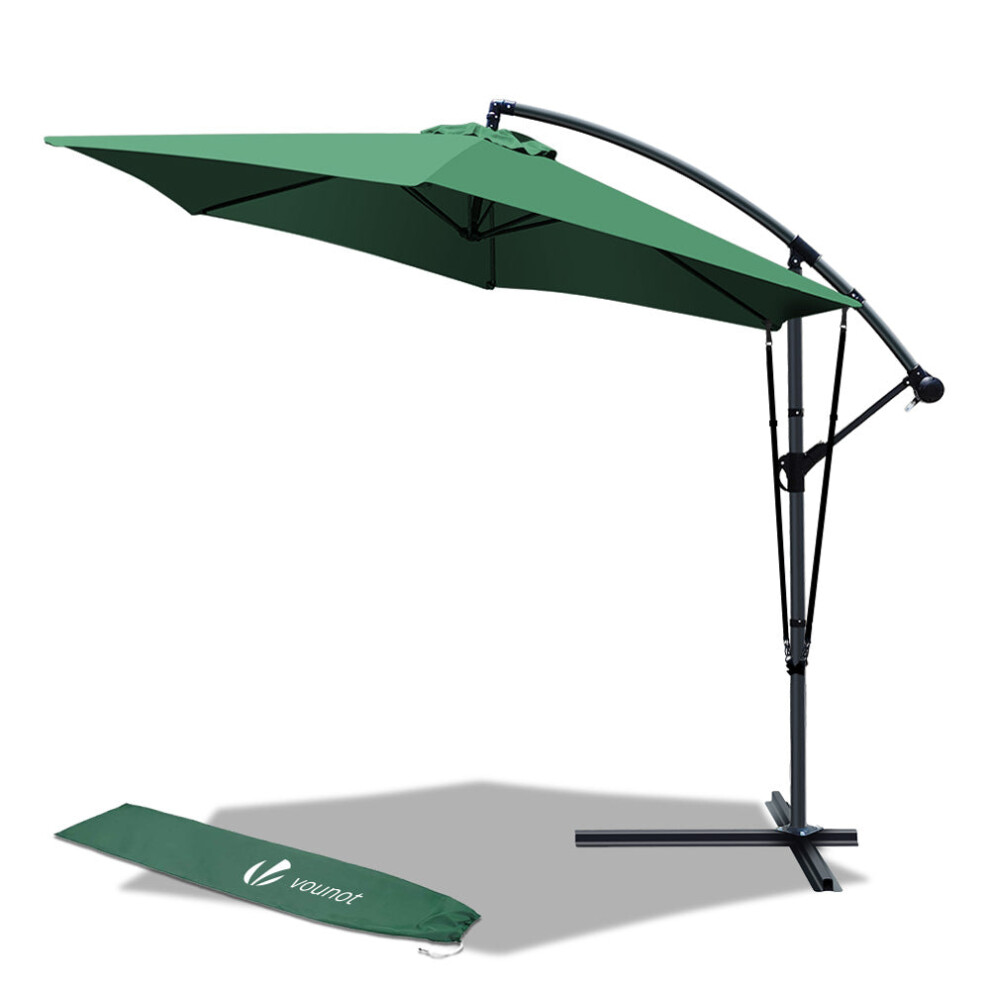 VOUNOT 3m Cantilever Garden Parasol, Banana Patio Umbrella with Crank Handle, Wind Protection Strap and Tilt, Green