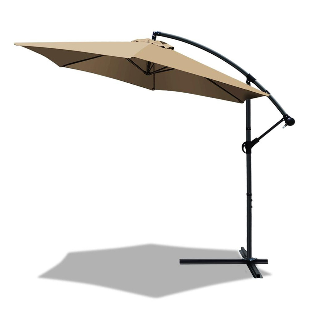 Vounot 3M Cantilever Garden Parasol, Banana Patio Umbrella With Crank Handle And Tilt, Khaki