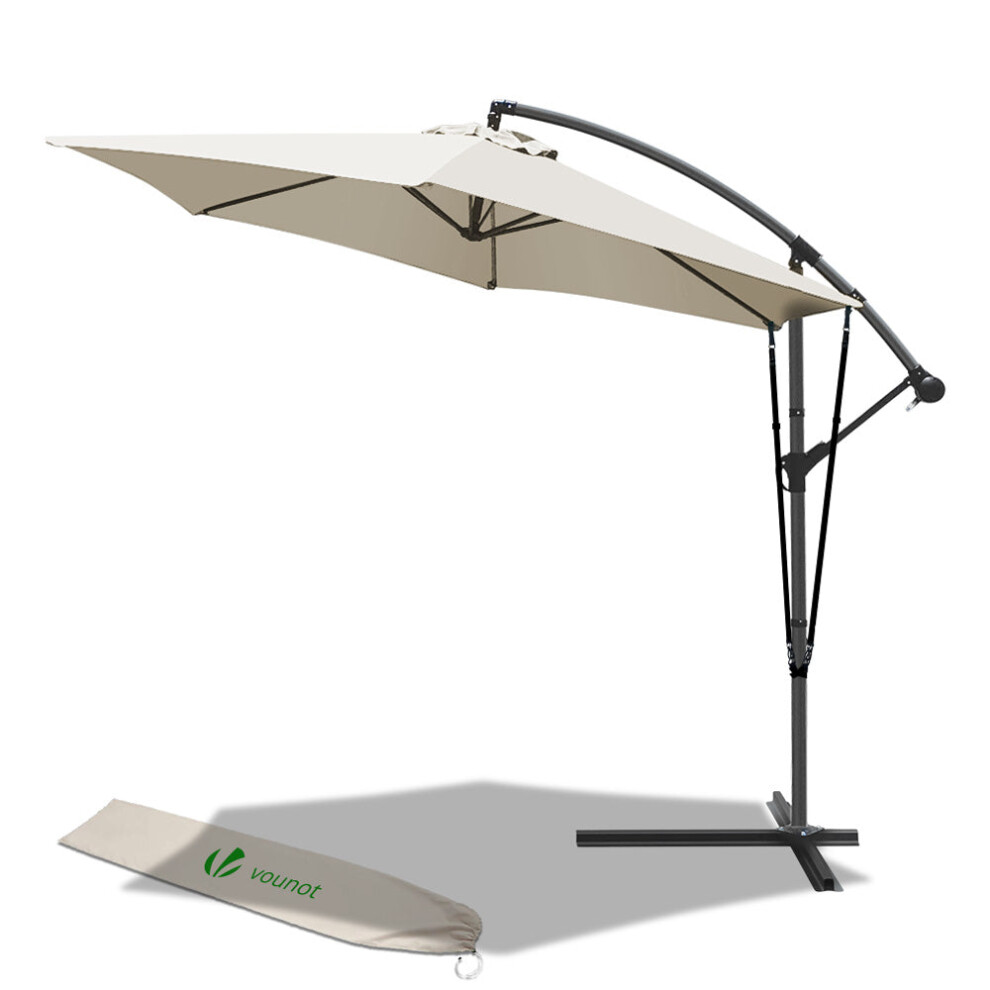 VOUNOT 3m Cantilever Garden Parasol, Banana Patio Umbrella with Crank Handle, Wind Protection Strap and Tilt, Beige