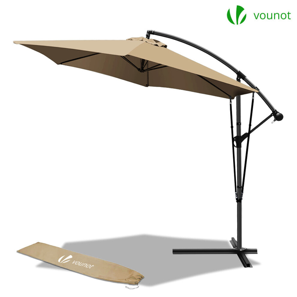 VOUNOT 3m Cantilever Garden Parasol, Banana Patio Umbrella with Crank Handle, Wind Protection Strap and Tilt, Khaki