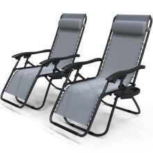 VOUNOT Set of 2 Zero Gravity Chairs, Garden Sun Loungers with Cup and Phone Holder, Grey