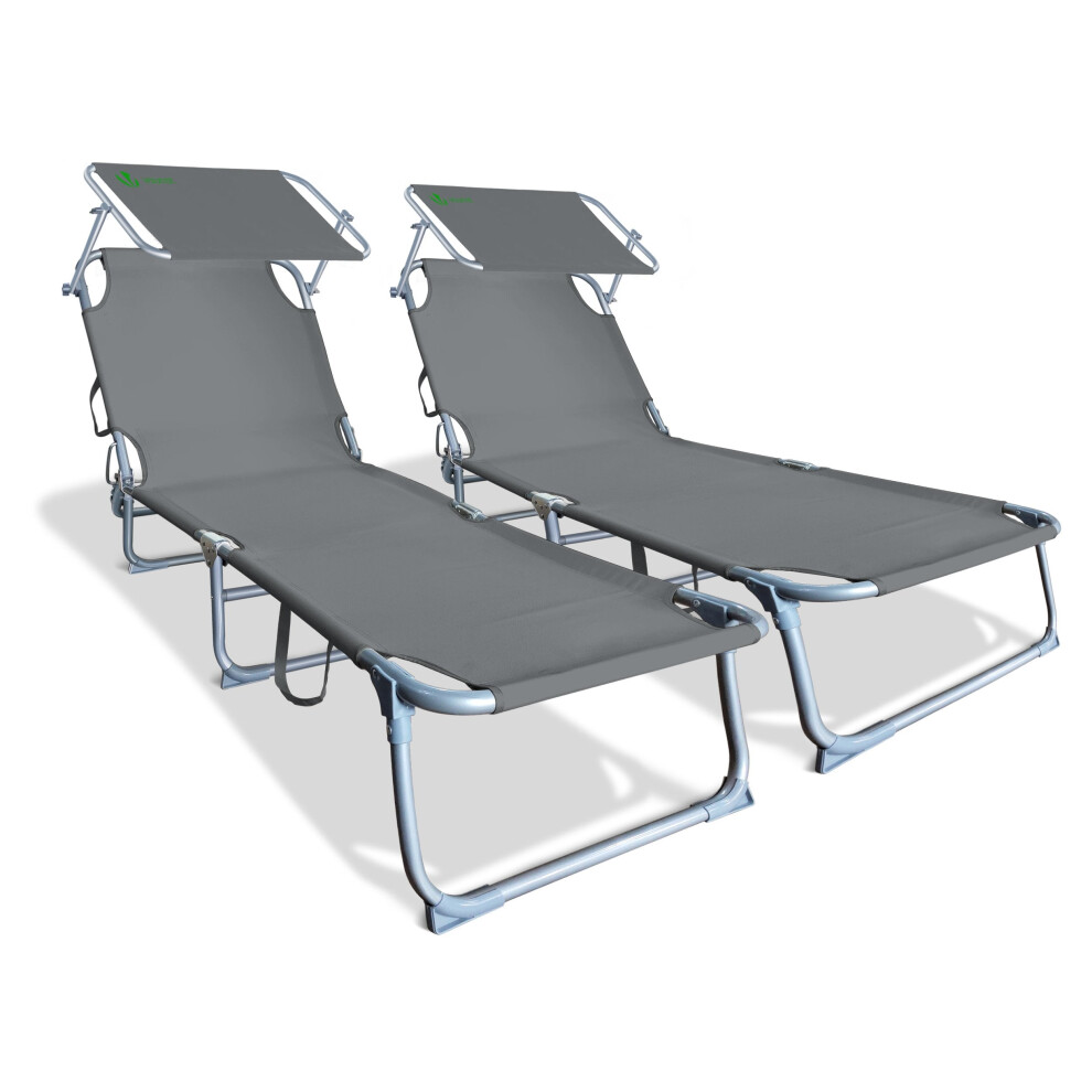 VOUNOT Set of 2 Folding Sun Loungers with Adjustable Backrest & Sunshade, Load 110 kg, Grey