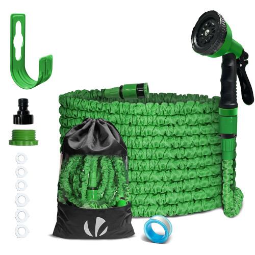 VOUNOT Flexible Garden Hose 50FT - Expandable, 10-Mode Spray Nozzle, Durable Latex Core with Brass Fittings, Storage Bag & Wall Mount