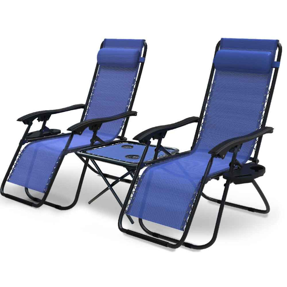 VOUNOT Set of 2 Zero Gravity Chair and Matching Table, Reclining Sun Loungers with Cup & Phone Holder, Blue