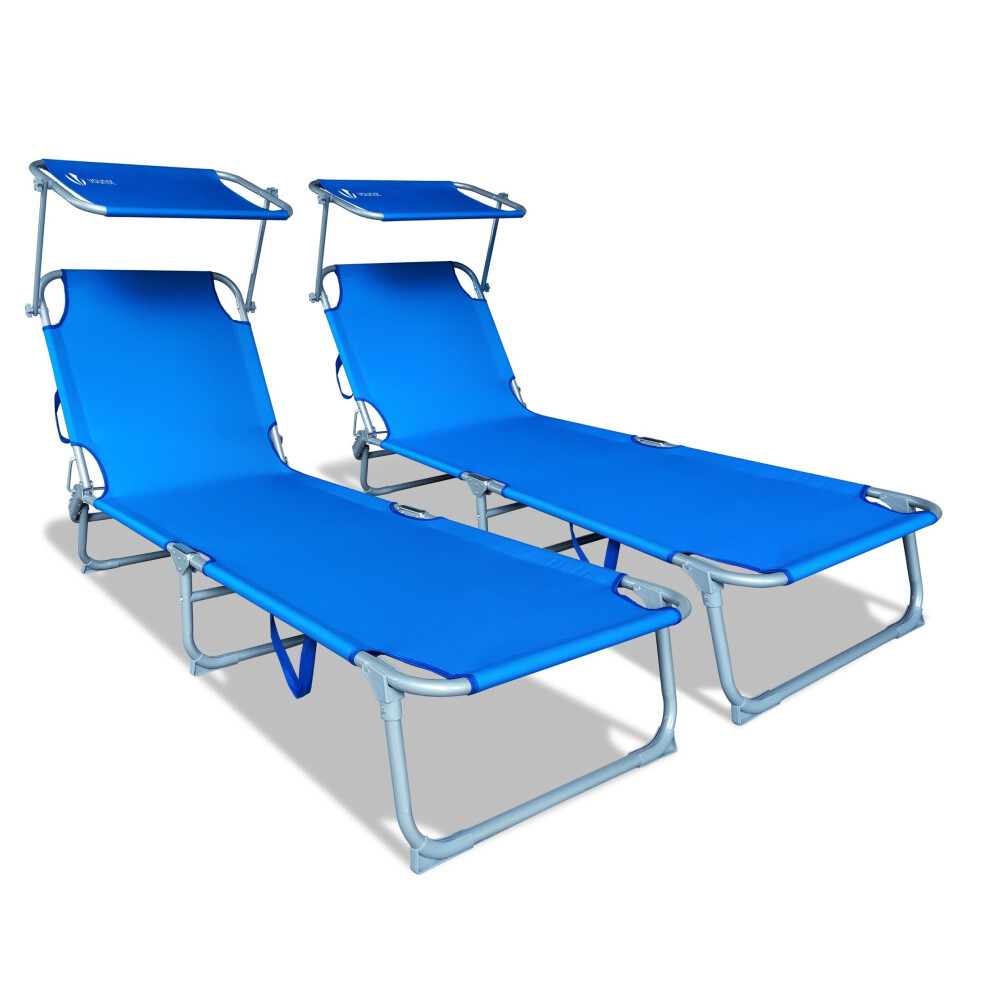 VOUNOT Set of 2 Folding Sun Loungers with Adjustable Backrest & Sunshade, Load 110 kg, Blue