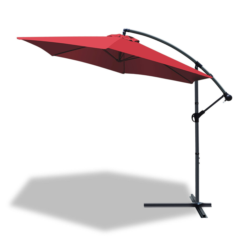 Vounot 3M Cantilever Garden Parasol, Banana Patio Umbrella With Crank Handle And Tilt, Red