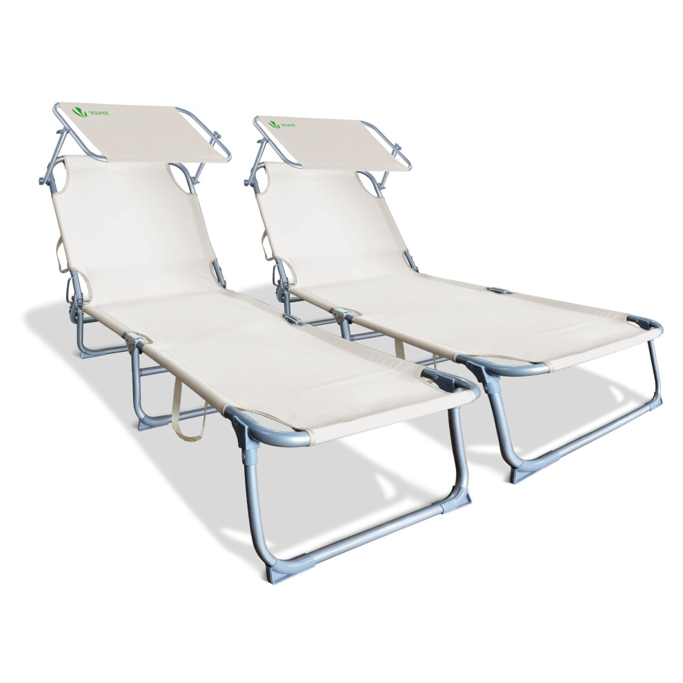 VOUNOT Set of 2 Folding Sun Loungers with Adjustable Backrest & Sunshade, Load 110 kg, Beige