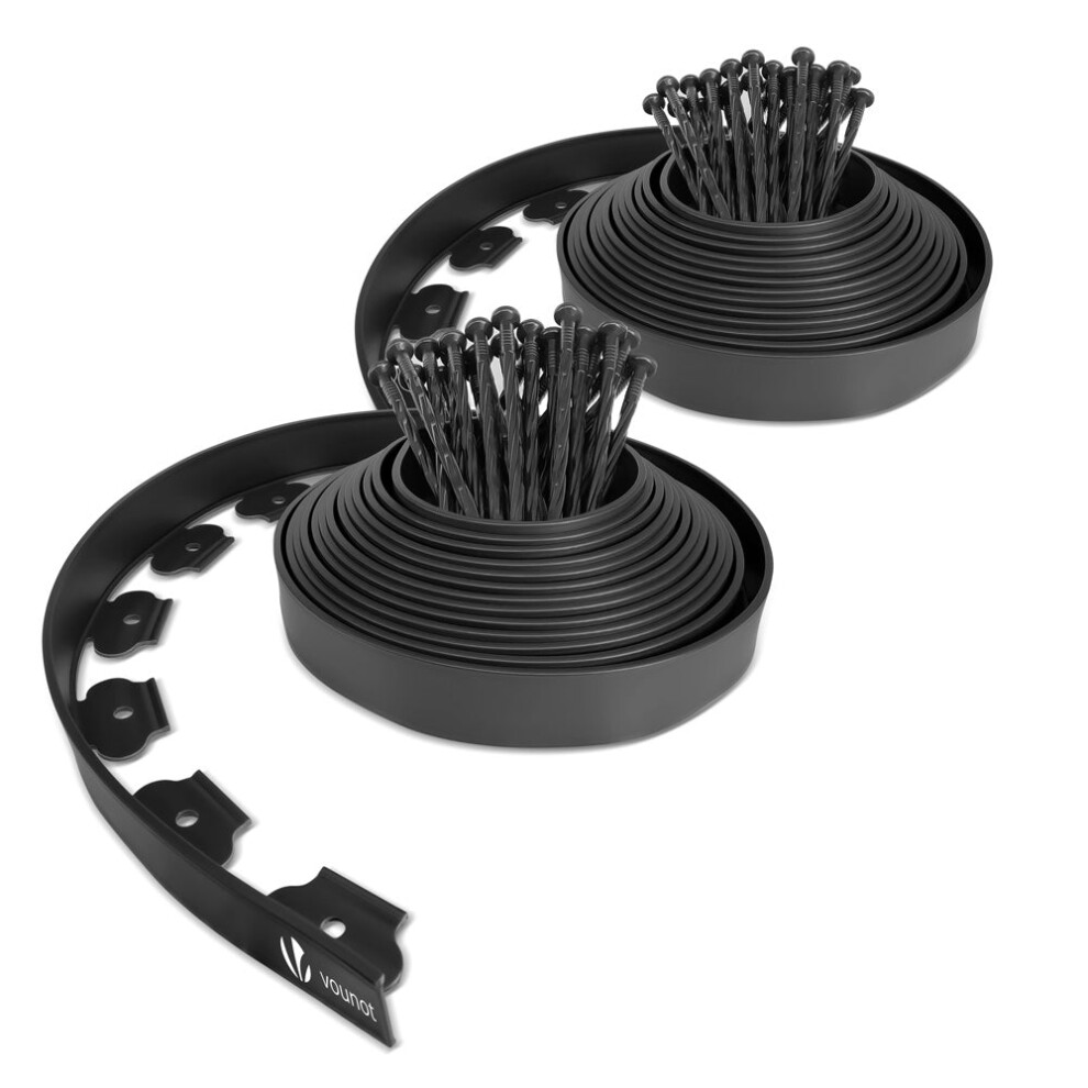 VOUNOT Plastic Garden Edging, Flexible Lawn Edging with 60 Pegs, Black 20m