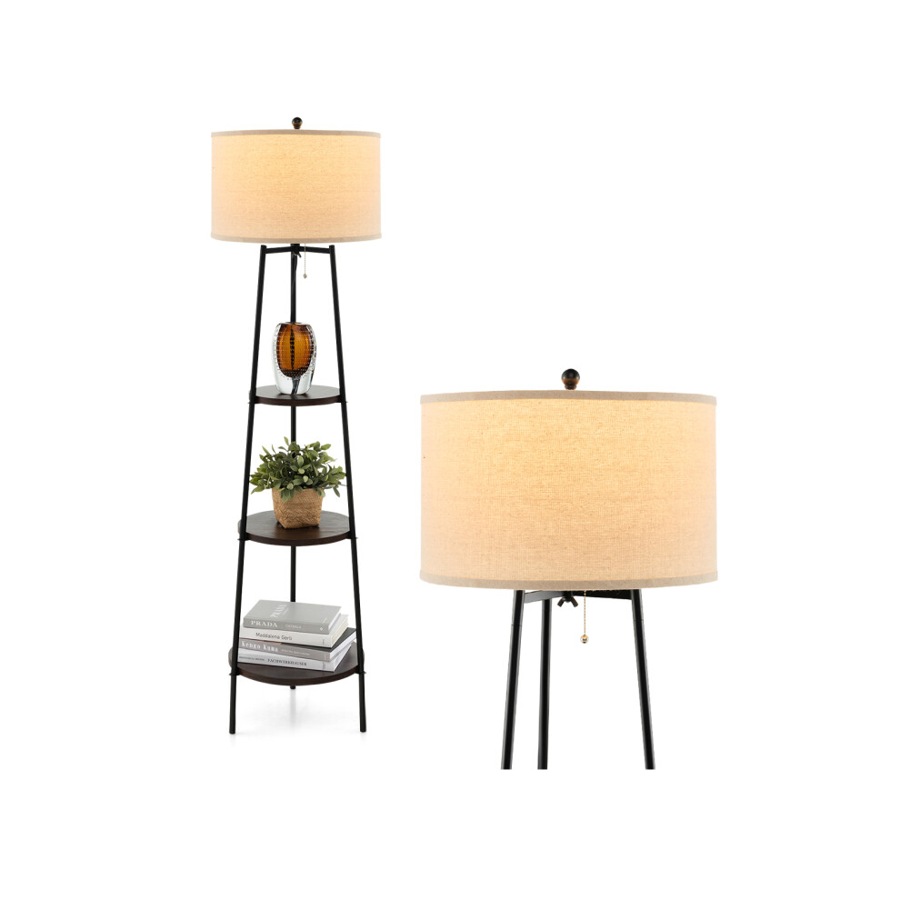 Corner Floor Lamp W/ 3-tier Shelves Linen Lampshade & Metal Frame-image-OPC-PDN7QQV-NEW