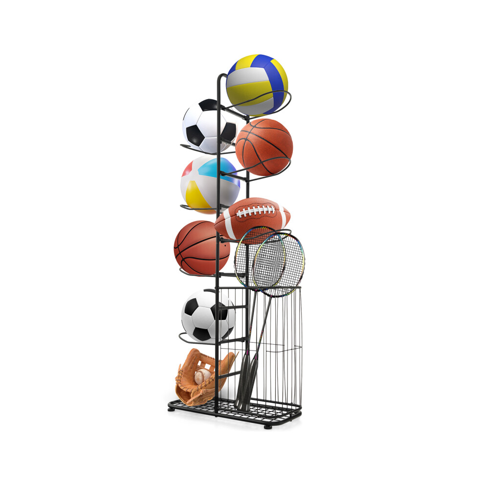 Ball Storage Rack 7-Tier Sports Equipment Display Rack Stand W/ Basket